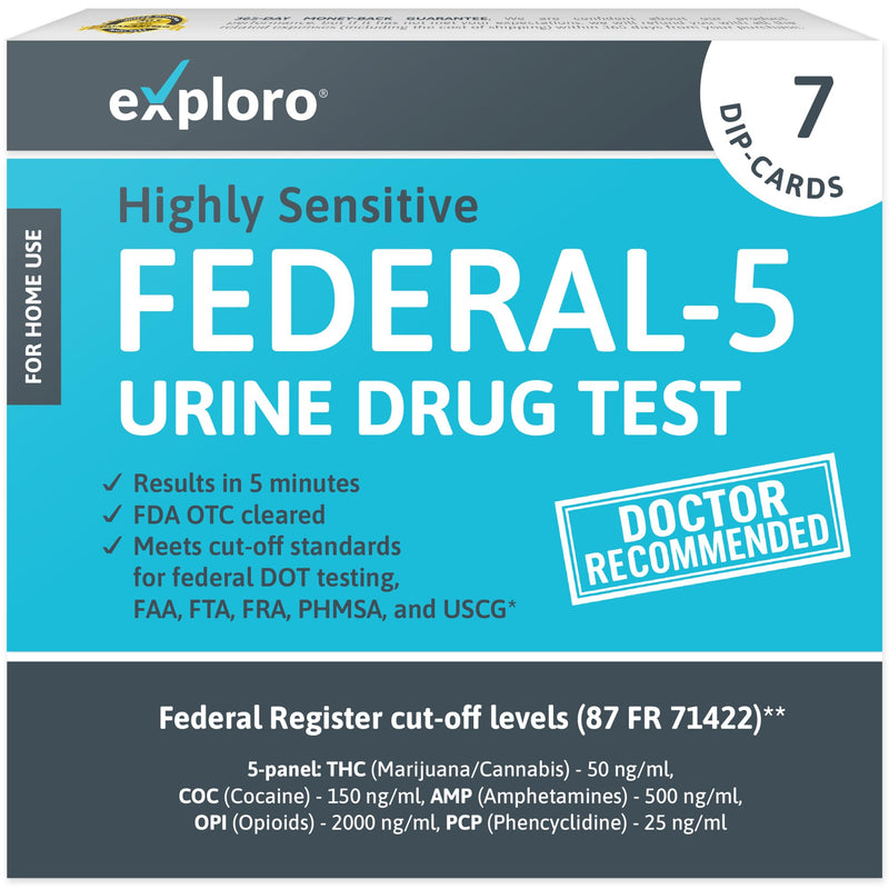 Exploro 5 Panel Drug Test Kit – at Home Urine Drug Screen for THC, Cocaine, Amphetamines, Opiates, PCP – Federal 5 Standard with Quick Results for Pre-Employment & Personal Use (Pack of 7) 7 Count (Pack of 1)