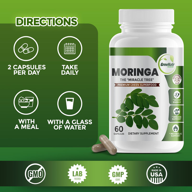 Pure Moringa Oleifera Green Superfood Capsules with Vitamin C, Omega 3 & Amino Acids - Boosts Energy, Mood, Memory, Immune Support - Made from Organic Moringa, Non-GMO - 60 Capsules (1 Bottle) | Boosts Energy, Mood, Memory, Immune Support - Made from O...