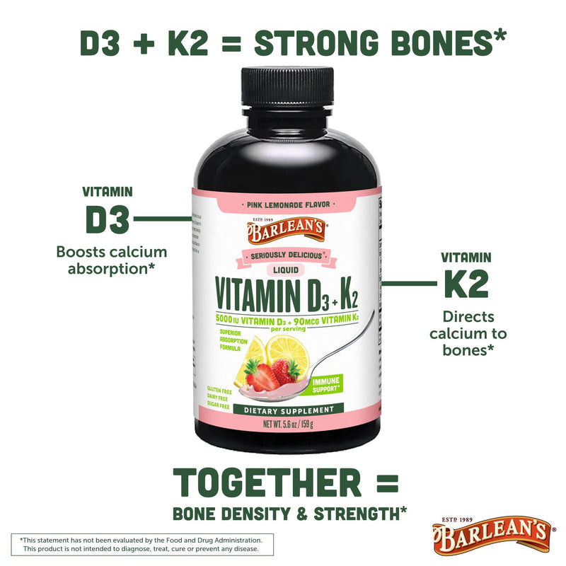 Barlean's Pink Lemonade Liquid Vitamin D3 + K2, 5000 IU, 5.6oz, 2-Pack | Smooth liquid, 5,000 IU vitamin D3 with K2, Non-GMO, Gluten-free, For kids & adults, Bone, heart & immune support