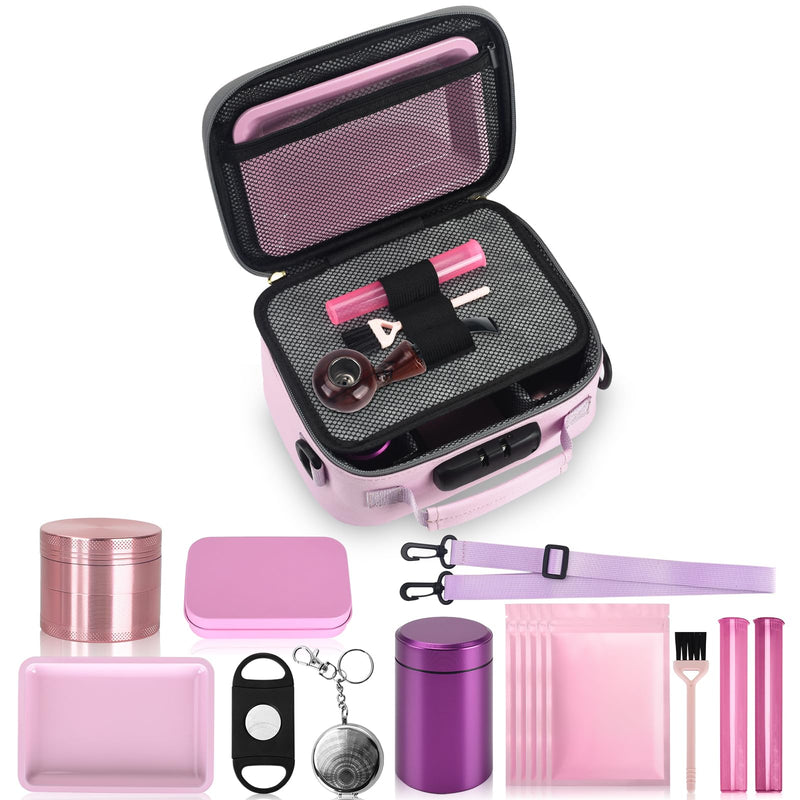 Gosstek Pink Leather Smell Proof Carrier Bag with 10 Accessories, Premium Organizers Box Case with Combination Lock and Great Gift for Women, Childproof Organization Container Pouch 9 X 6 X 4 Inches.