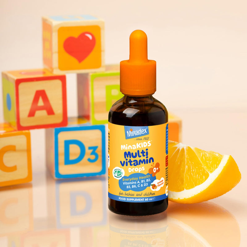 MinaKIDS Multivitamin Drops for Babies & Kids 60 ml – 7 Essential Vitamins to Support Brain Function, Growth, Immune Health for Kids 0-12 Years. Yummy Orange Flavour, Vegan, Dropper Included