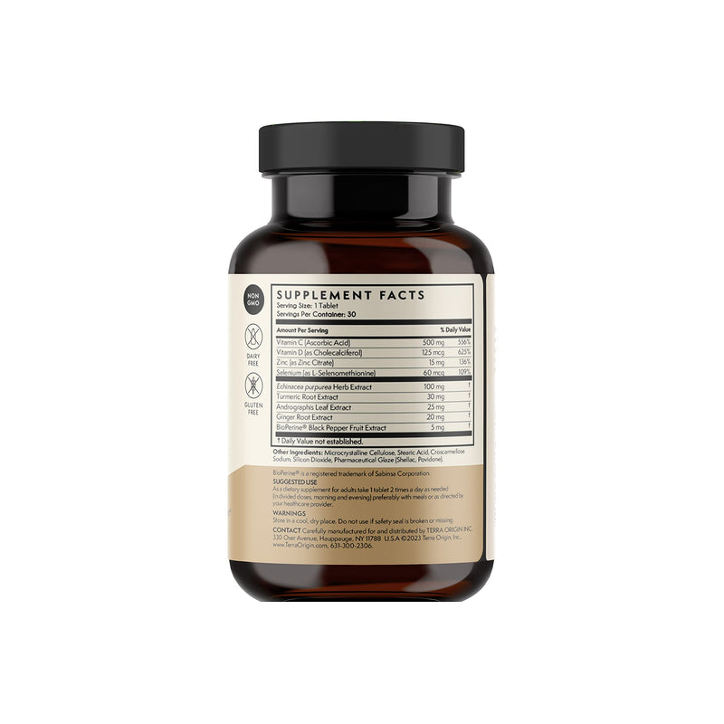 TERRA ORIGIN Immunity Support Supplement | Vitamin C, D3, Zinc, Selenium, Turmeric, Echinacea, Ginger & Andrographis with BioPerine | Daily Immune Booster & Antioxidant Blend | 30 Tablets 30 Count (Pack of 1)