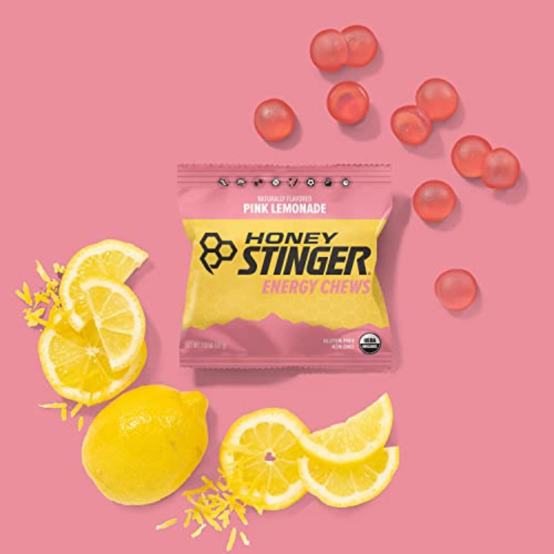 [Australia] - Honey Stinger Organic Pink Lemonade Energy Chew | Gluten Free & Caffeine Free | For Exercise, Running and Performance | Sports Nutrition for Home & Gym, Pre and Mid Workout | 12 Pack, 21.6 Ounce 1.8 Ounce (Pack of 12) 