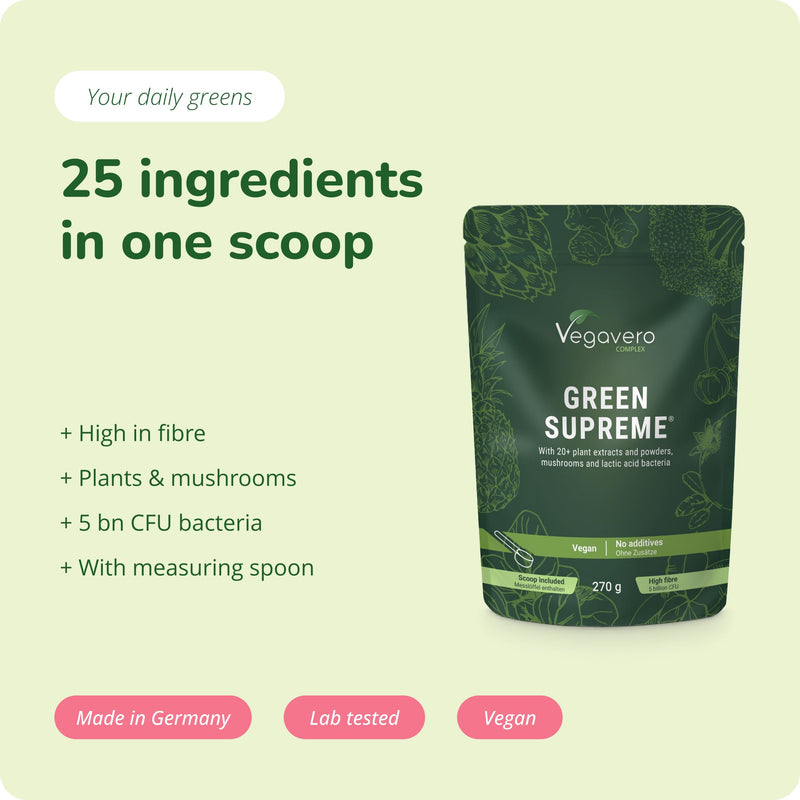 Vegavero Super Greens Powder | 20+ Superfood Ingredients | Morning Complete | Adaptogens, Mushrooms, Algae, Probiotics & Fibre | with Standardised Extracts | Vegan & Gluten-Free