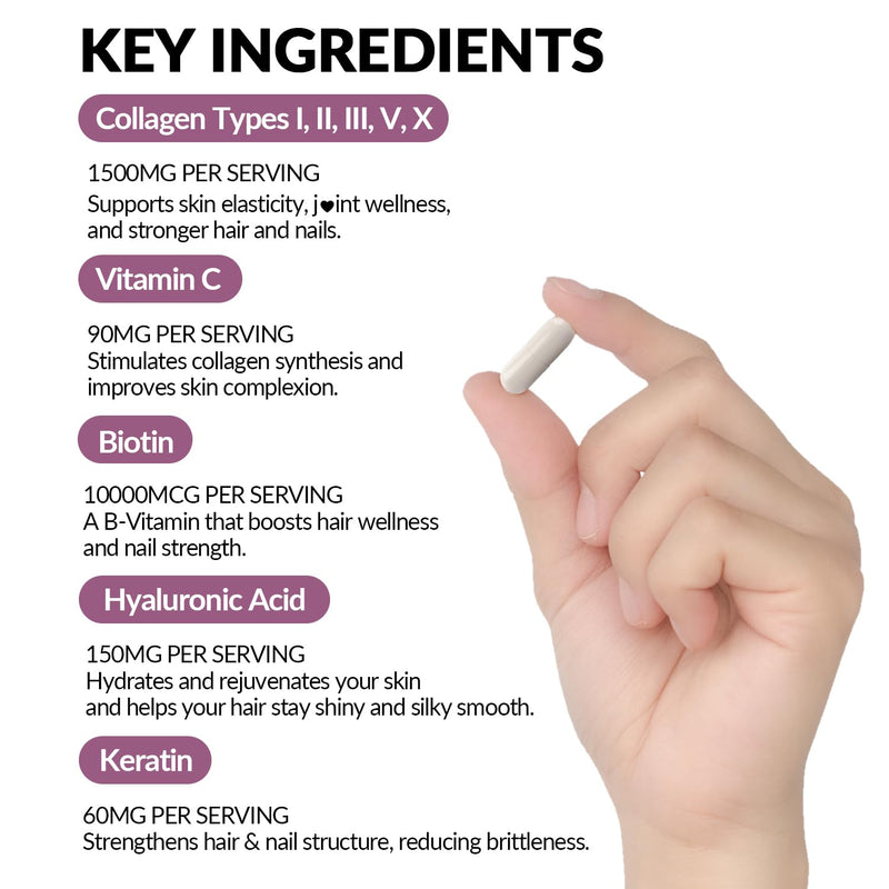 WEEVIT Collagen Peptides for Women, 1500mg Hydrolyzed Collagen Capsules | Type I, II, III, V, X with Biotin, Hyaluronic Acid, Keratin, Vitamin C