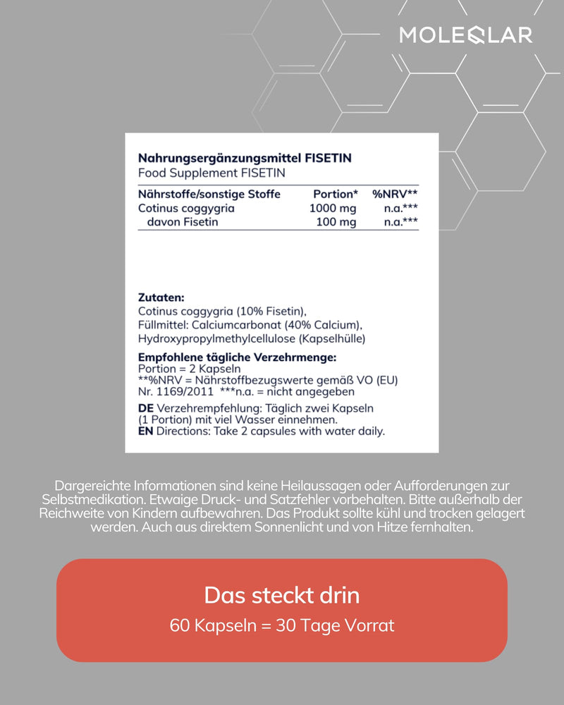 [Australia] - MoleQlar Fisetin 50mg capsules - 60 pieces - 100mg fisetin from wig bush extract per serving - bioflavonoid from natural source - vegan, GMO-free and certified in DE 