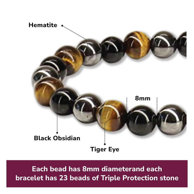 [Australia] - Crystal Vibe Triple Protection Bracelet - 8mm Beaded Bracelet for Women Men - Natural Stones of Tiger Eye, Hematite, Black Obsidian - Healing Crystal Bracelet for Anxiety Relief - Adjustable Size 