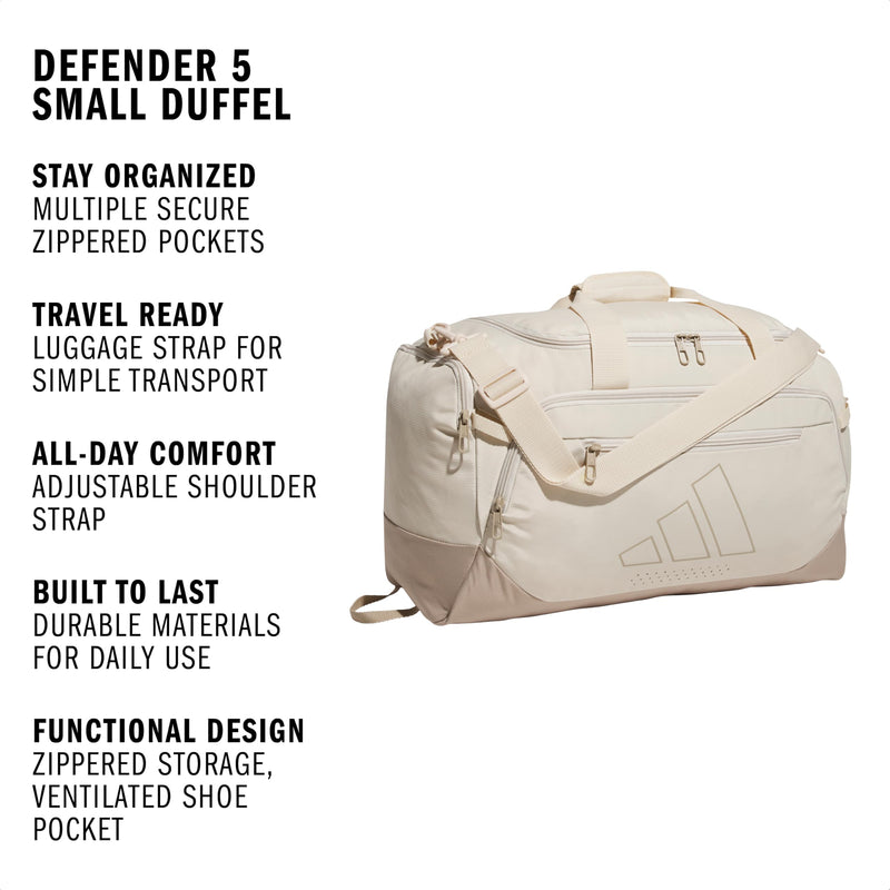 adidas Defender 5 Duffel Bag for Sports, Gym and Travel, Crystal Linen Beige/Trace Khaki, OSFA Crystal Linen Beige/Trace Khaki/Small 42L Small 42l