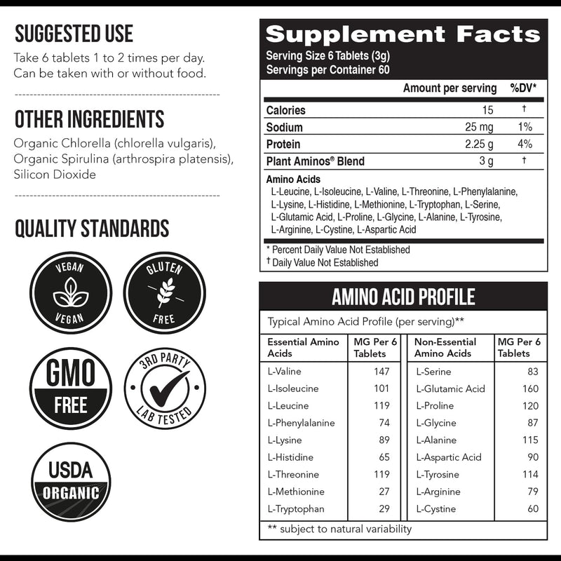 [Australia] - Plant Aminos Organic Essential Amino Acids (EAAs) & BCAA - 100% Plant-Based Raw, Vegan - All 9 Amino Acids with 18 Total Amino Acids (360 Tablets) 