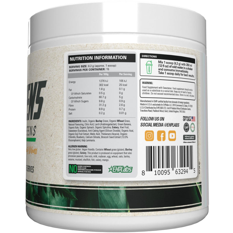EHP Labs OxyGreens Super Greens Powder with Spirulina & Chlorella, Prebiotic Fiber, Probiotics & Digestive Enzymes – Antioxidant Green Superfood Supplement - 15 Servings - Pineapple 15 Serves
