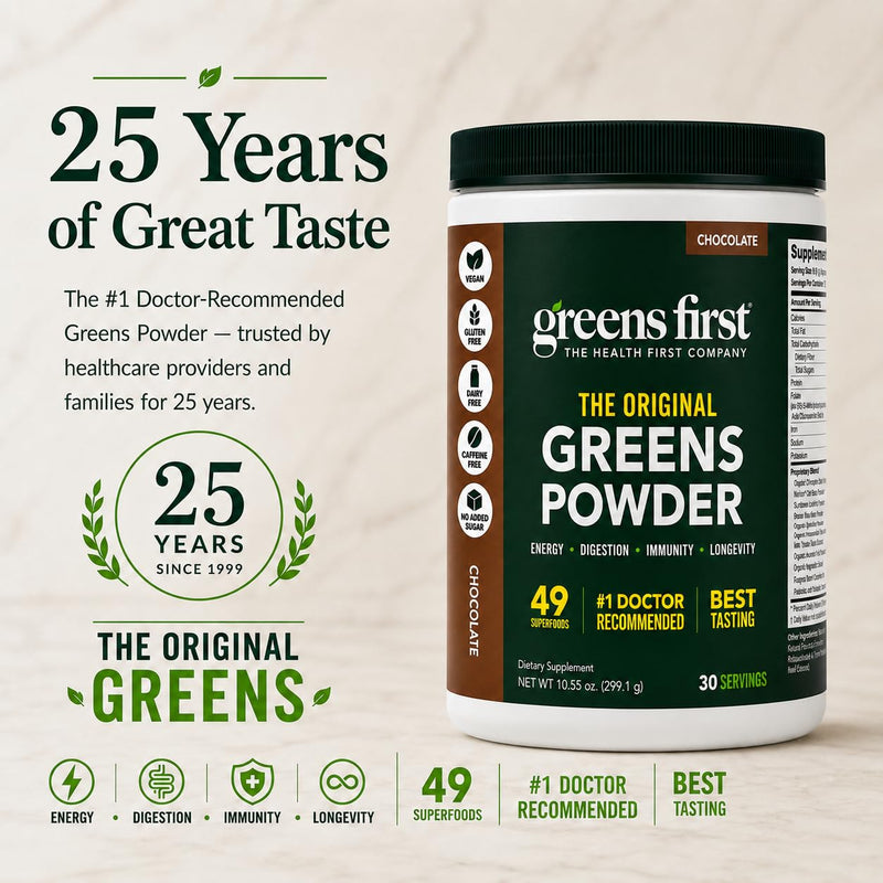 Greens First Original Greens Powder, Chocolate, 30 Servings | 49 Superfoods, Organic Fruits & Veggies, Probiotics & Digestive Enzymes, Antioxidant Smoothie, Dairy Free, Vegan & Non-GMO 30 Serving