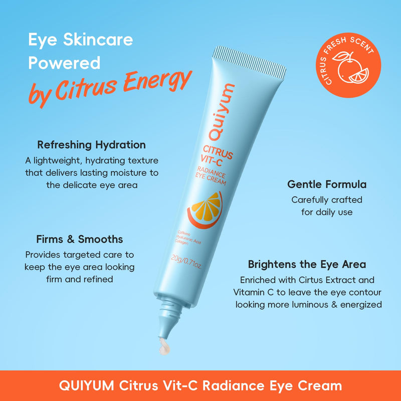 QUIYUM Citrus Vitamin C Eye Cream, for Dark Circles and Puffiness, 0.71 Oz | Glowing Eye Moisturizer with Caffeine, Hyaluronic Acid & Collagen, Under Eye Cream to Smooth Fine Lines, Non-Greasy