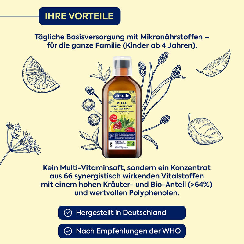 [Australia] - Zirkulin Vital micronutrient concentrate (200ml) - 20 day range - 66 vital substances from fruit, vegetables and herbs - high organic content and valuable polyphenols - vitamins and minerals for the family 200 ml (pack of 1) 