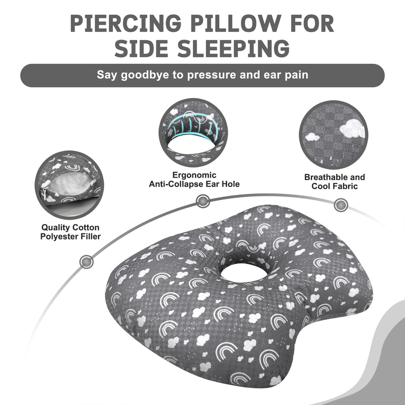 [Australia] - Ear Piercing Pillow with Ear Hole for Side Sleeper Relief Ear Pain,Cotton and Polyester Ear Pillows,Washable Ear Guard Pillow Grey White 