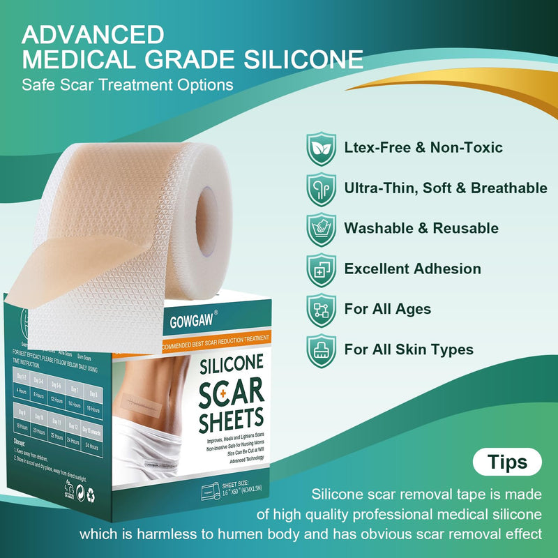 Medical Grade Silicone Scar Sheets, Silicone Scar Tape (1.6”x 60” Roll-1.5M), Professional Scar Removal Treatment, Reusable Silicone Scar Strip for Keloid, C-Section, Surgery, Burns, Acne Etc Brown