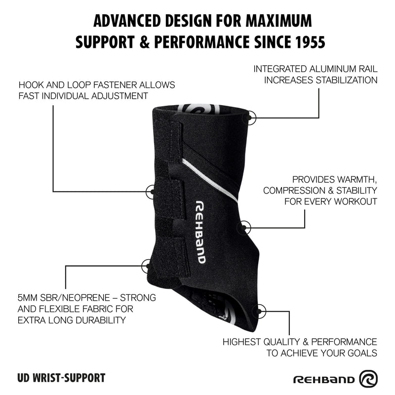 Rehband 5mm Wrist Brace in Neoprene/SBR, 1 x Wrist Splint with Adjustable Aluminum Splint for Right/Left, Supports Wrist during sports & daily life, Colour:Black, Size:Small/Medium, Side:Right S/M - Right Black