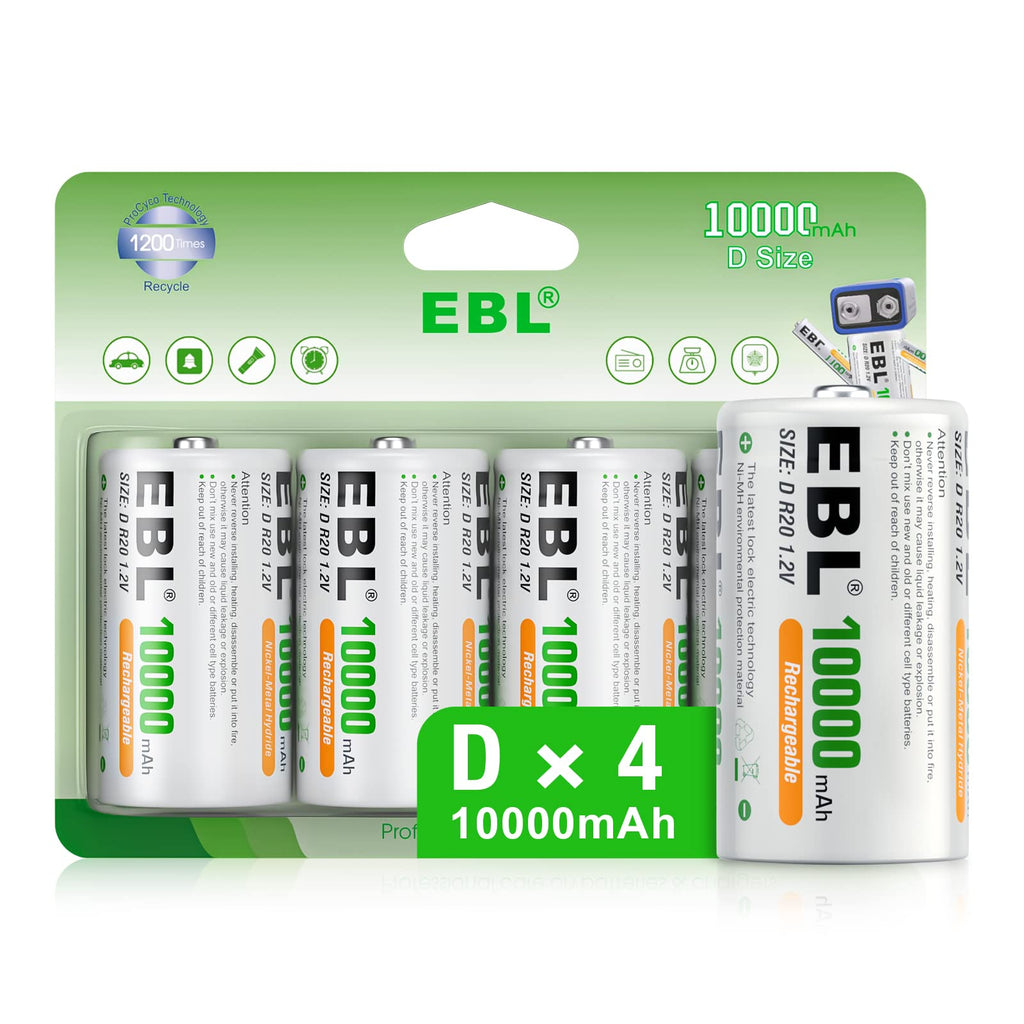 EBL Rechargeable D Batteries, 10000mAh Ni-MH High Capacity D Cell Battery New Retail Package, Pack of 4