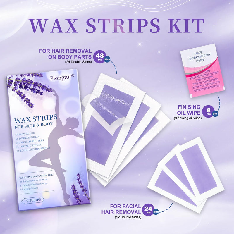 [Australia] - 72PCS Wax Strips for Hair Removal, 48 Body & 24 Face Wax Strips with 8 calming Oil Wipes, At Home Waxing Kit for Women & Men - Body, Arms, Legs, Back, Bikini & Brazilian, Hypoallergenic All Skin Types 1 Count (Pack of 72) 