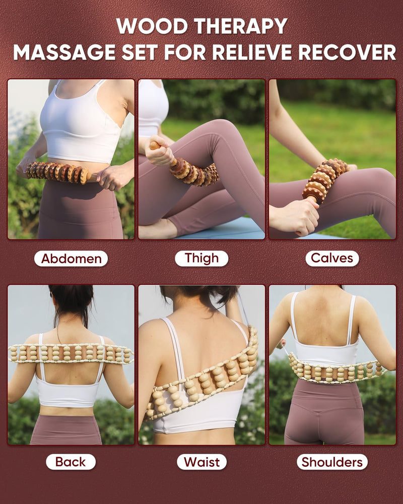 [Australia] - ONUEMP 2PCS Wood Therapy Massage Tools, Wooden Massage Roller Stick & Back Massager Roller Rope, Maderoterapia Kit Colombiana for Lymphatic Drainage, Anti Cellulite, Body Sculpting, Ease Deep Tissue 