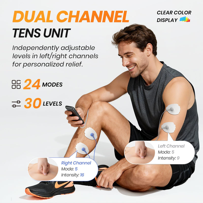 AVCOO Color Screen 24 Modes TENS Unit Muscle Stimulator for Pain Relief | 3-in-1 EMS Massage Machine for Shoulder, Back Pain Relief Therapy, 30 Levels, Dual-Channel Electronic Pulse Massager, 10 Pads