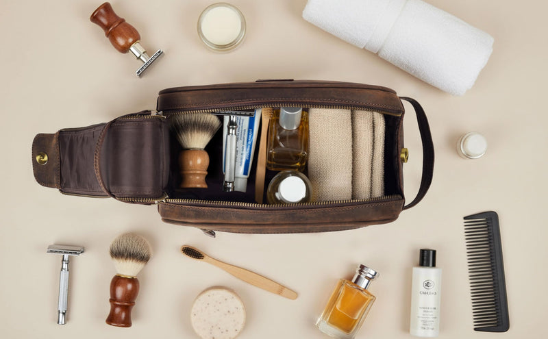 Genuine Leather Toiletry Bag for Men - Rustic Classic Vintage Handcrafted Full-Grain Leather Travel Dopp Kit with Waterproof Lining & Handle, Shaving & Grooming Kit Organizer Pouch - Rustic Brown