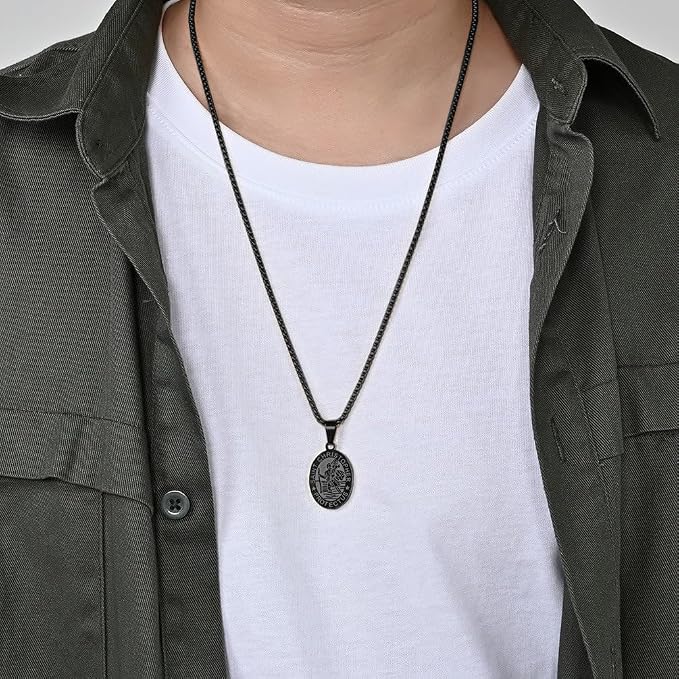 Oval Saint Christopher/Michael/Joseph Pendant Medal Necklace, Catholic Stainless Steel Wheat Chain 24 Inches Saint-Christopher-Black