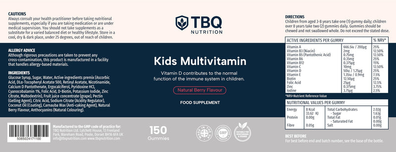 Kids Multivitamin & Mineral Gummies – 150 Vegan Berry-Flavoured Gummies | with Vitamins A, B6, B12, C, D2, E, Biotin, Folic Acid & Zinc | Daily Nutritional Support