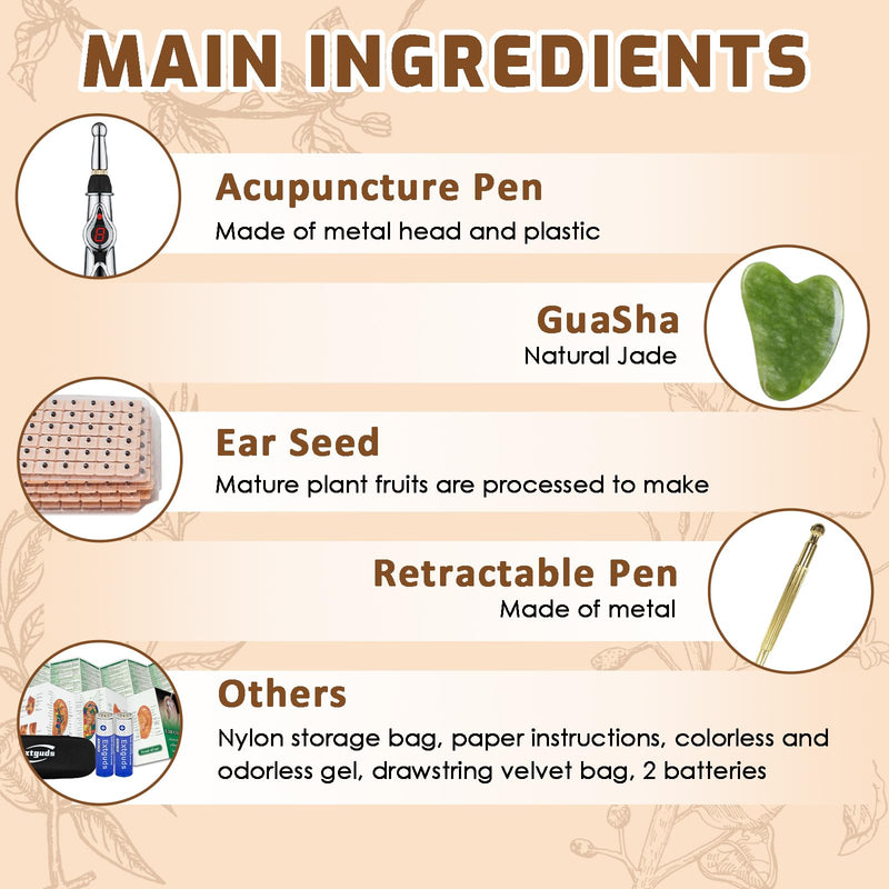 [Australia] - Acupuncture Super Set: 5-Head Electronic Acupuncture Pen+ Gua Sha Tool+600 Ear Seeds+ Retractable Acupuncture Pen+ 4 x Extra Massaging Gel+ Tweezers + Manual+ Batteries + 2 x Acupoint Chart Acupuncture Set(with Chart) 