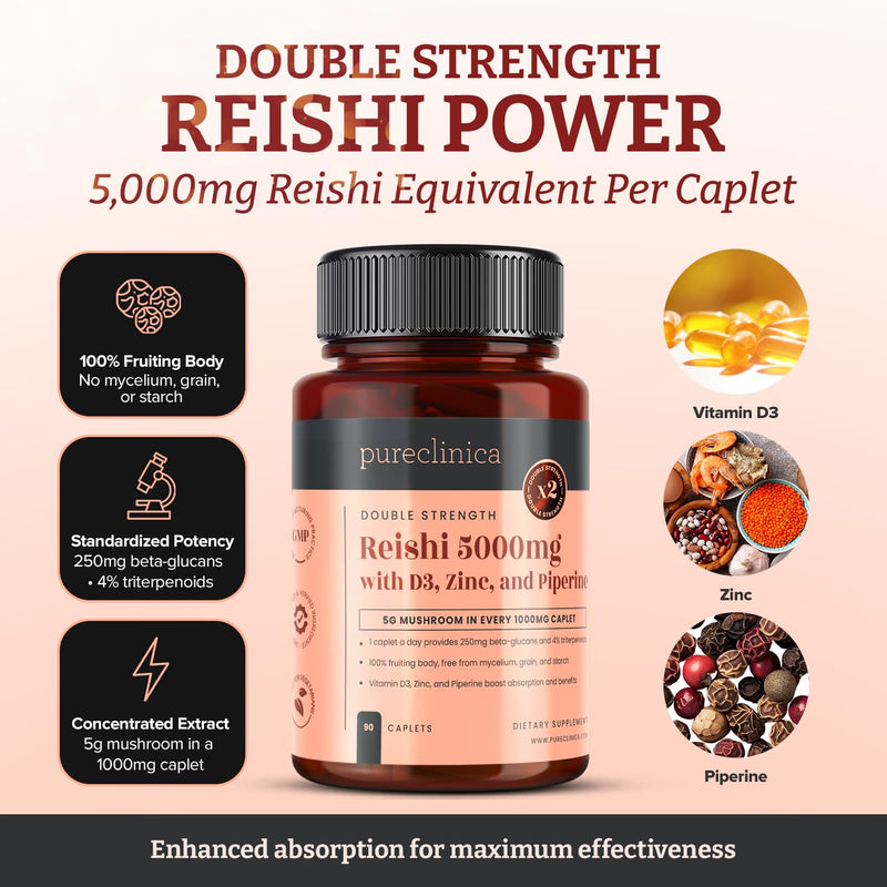 pureclinica Reishi Mushroom Extract 1000mg (5:1) per Tablet – 90 Caplets (3-Month Supply) – with Vitamin D3 (25µg), Zinc (15mg) & Piperine (5mg) – Fruiting Body (Ganoderma lucidum) 90 Count (Pack of 1)