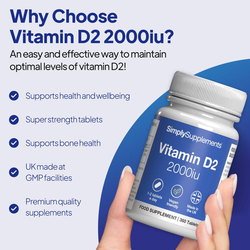 Vitamin D2 2000 IU | Supports Healthy Bones, Muscles & Immune Function | 360 Tablets (12-Month Supply) | Manufactured in The UK to GMP Standards | Suitable for Vegetarians Unflavoured 1 count (Pack of 360)