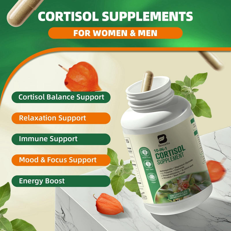 [Australia] - Cortisol Supplements for Women Men, 10-in-1 Cortisol Detox with Ashwagandha, Magnesium, L-Theanine, Balanced Cortisol Levels, Night & Calm Support, 120 Vegan Capsules 120 Count (Pack of 1) 