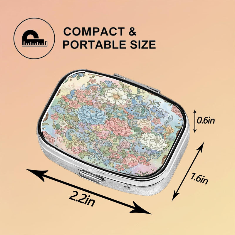 Square Pill Case Small Pill Box with Mirror Pocket 2 Compartment Vitamin Pill Medicine Case Organizer Pill Containers for Traveling Blooming Flower Two