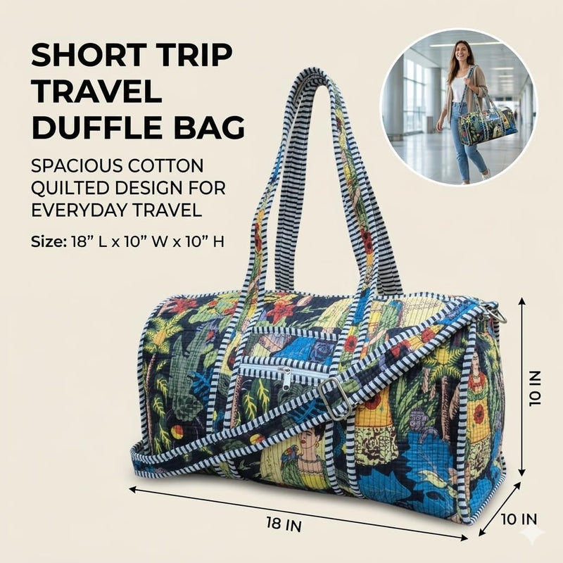 Cotton Quilted Weekender Bag for Women, Large Block Print Duffel Bag with Shoulder Strap, Carry On Overnight Travel Bag for Gym, Beach & Yoga (Midnight Meadow Quilted Duffle) Midnight Meadow Quilted Duffle
