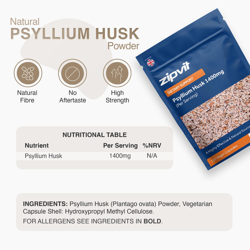 Zipvit Psyllium Husk Fibre Supplement, 1400mg Psyllium Husk Powder, Up to 4200mg Per Serving, 120 Vegan Capsules, Eco-Friendly Pouch 1 count (Pack of 120 Pouch)