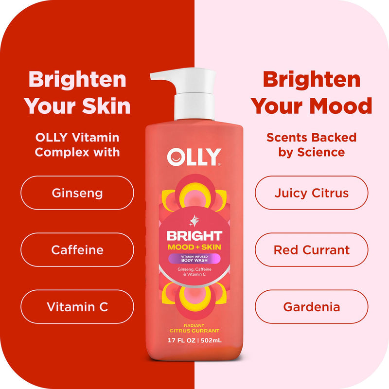 OLLY Bright Body Wash with Ginseng, Caffeine & Vitamin C- Nourishing 17 oz | For dry skin, Helps repair the skin barrier, With vitamin C, Daily routine ready