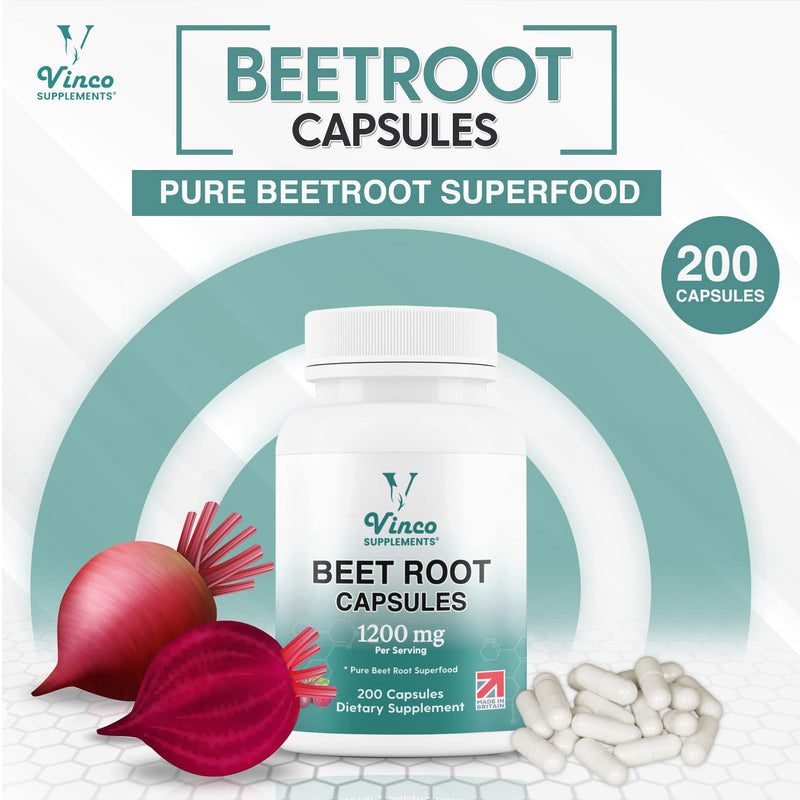 Vinco Beetroot Capsules - 1200mg Organic BeetRoot Powder Per Serving - UK-Made, Non-GMO, Gluten-Free, Vegan Food Beet Root Supplements - Support Blood Pressure, Digestion, Immune System - 200 Capsules