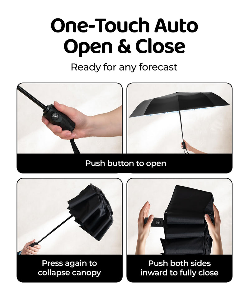 Windproof Travel Umbrella - Compact & Withstands Winds up to 100MPH, Strongest Premium Auto Folding Umbrella for Rain and Sun - Durable, Light & Portable for Women & Men, Fits Backpack & Cars Cloud Blue Standard