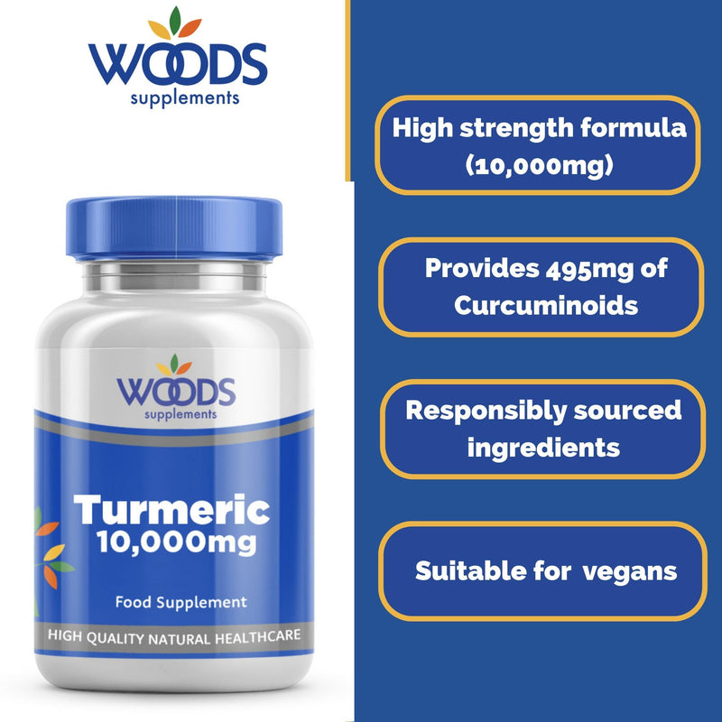 Woods Supplements - 10,000mg High Strength Turmeric 60x Vegan Curcumin Turmeric Extract Tablets. Pure Turmeric Powder Food Supplement for Joint Care and Digestion 60
