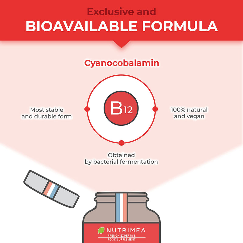 Vitamin B12 1000mcg High Strength - Cyanocobalamin Formula from Bacterial Fermentation - 60 Vegan Capsules - Gluten Free - Lactose Free - French Expertise - Nutrimea