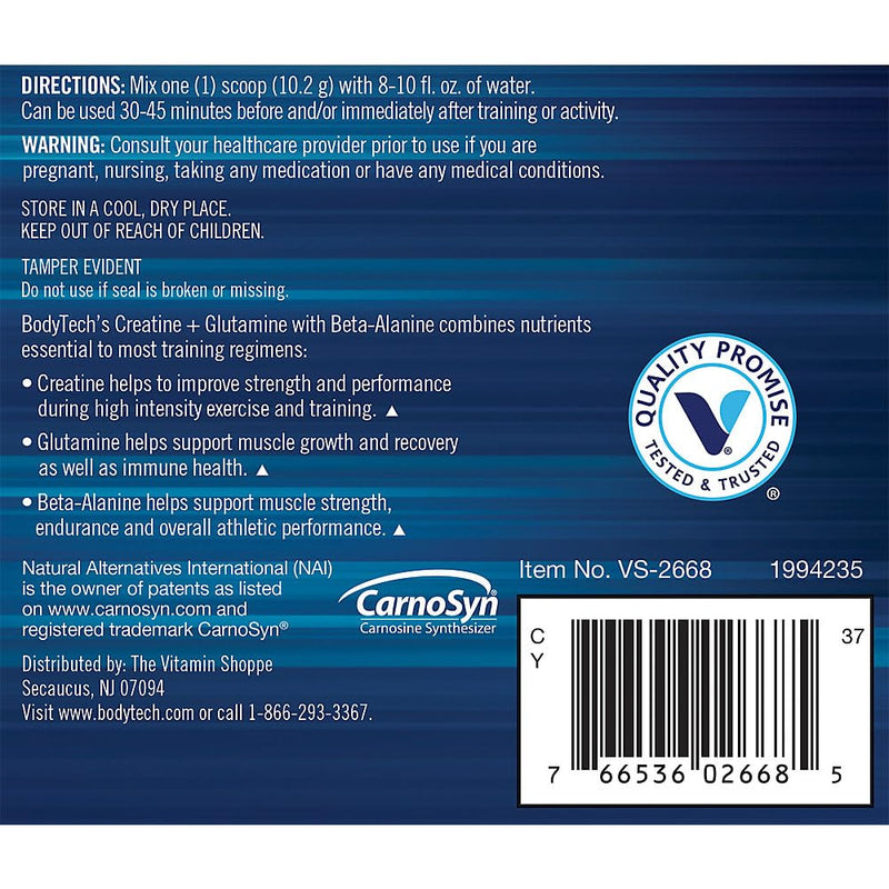 [Australia] - BODYTECH Creatine & Glutamine with Beta-Alanine - Premium Performance Supplement for Enhanced Strength, Muscle Recovery, and Endurance - Advanced Formula (10.8oz/ 30 Servings) 