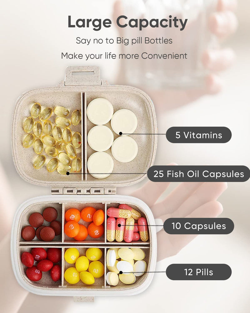 [Australia] - Holii Travel Pill Organizer, 8 Compartments Portable Pill Case, Daily Pill Box to Hold Vitamins, Small Pill Container for Pocket Purse Medicine Organizer（Khaki） Khaki 