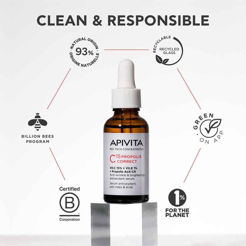 Apivita C15 Propolis Correct Serum, Anti-wrinkle & Brightening Antioxidant Serum with 15% Pure Stabilized Vitamin C, 1% Vitamin E, Patented Propolis AoX-CR, Non comedogenic | Brightening formula, 15% Vitamin C, 1% Vitamin E, Patented Propolis AoX-CR