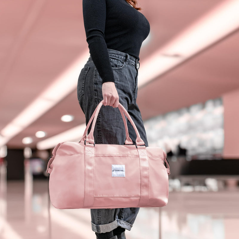 (Not Made In China) Travel Duffel Bag For Women, Carry On Bags, Overnight Weekender Duffle, Airplane Approved Underseat Tote With Shoulder Strap, Luggage Trolley Sleeve, Pink, 22in, 30L Large (1 Pack)