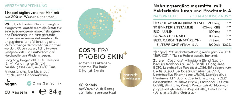[Australia] - Probio Skin Capsules High Dose Probiotic Vegan I Probiotics & Prebiotics - Enriched with Organic Inulin, Vitamin A and Konjac Root Extract - 60 Capsules 