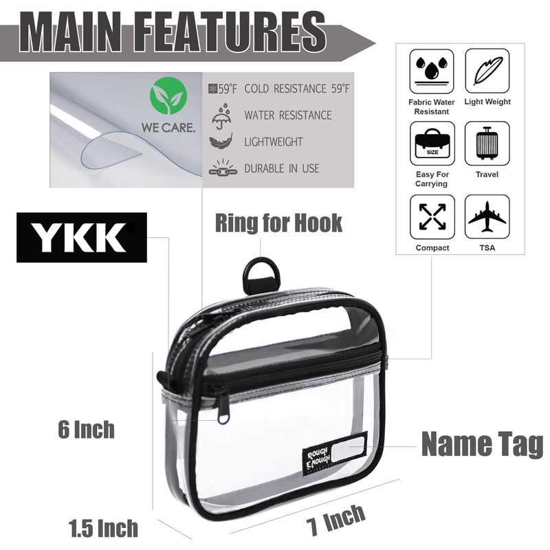 Rough Enough Clear Toiletry Bag Quart Size for Travel, Men Women | YKK Zipper, Leak Resistant Design, Keychain Hook, Airport Security Ready, Fits 3oz Bottles,7×6×1.5 Inches, Easy Carry