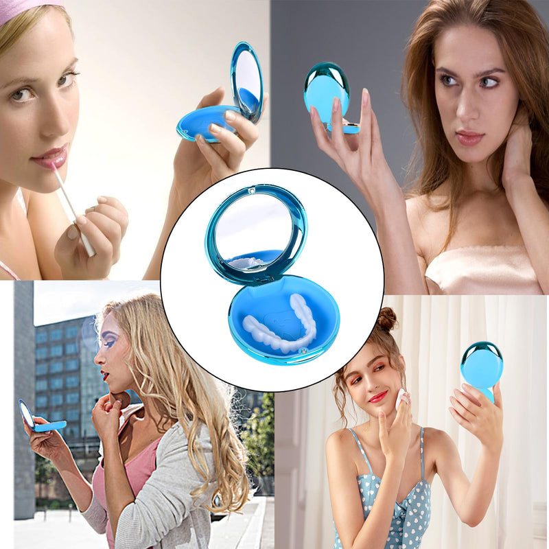 Electroplated Denture Case with Mirror, Portable Retainer Case Compatible with Transparent Braces, Mouth Guard, Orthodontic Retainers, Braces Box Organize and Protect Oral Supplies (Blue) Blue