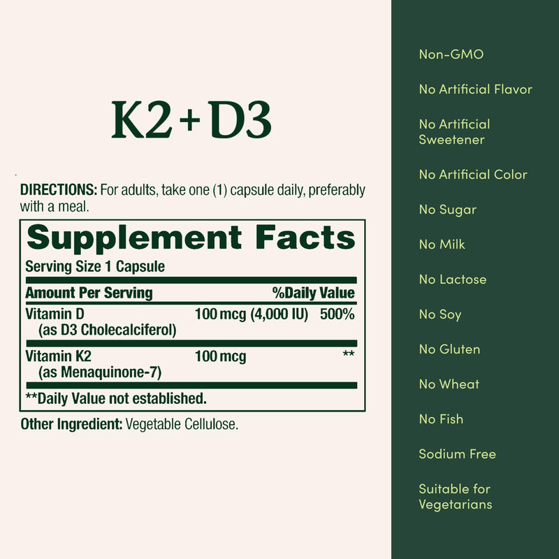 Nature’s Bounty Vitamin D3 K2 Supplement, 4000 IU Vitamin D3 plus 100 mcg of Vitamin K Supplements for Adults for Heart & Bone Health Support, 60 Day Supply, 60 Vegetarian Capsules 60 Count (Pack of 1)