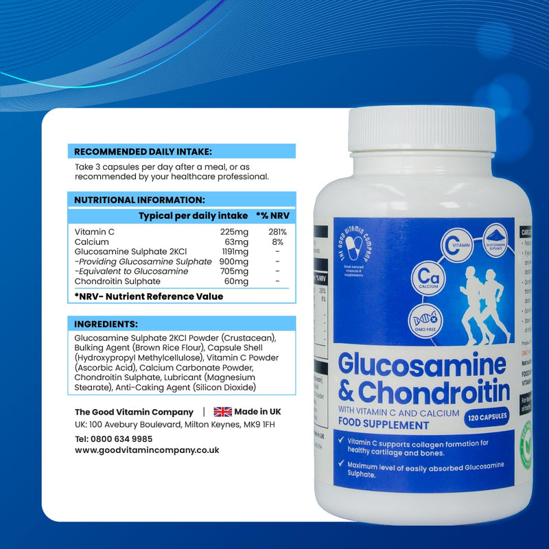 Glucosamine & Chondroitin Capsules with Vitamin C – Joint & Cartilage Support Supplement | Supports Mobility, Flexibility & Collagen Formation | 120 Capsules (40 Days Supply) | Made in UK