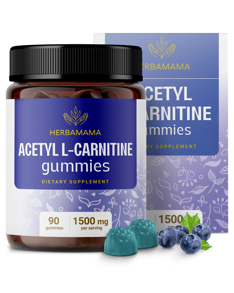 [Australia] - HERBAMAMA ALCAR Acetyl L-Carnitine 1500mg Gummies - L Carnitine Supplement for Energy, Focus & Brain Support - Vegan, Non-GMO - 90 Pectin-Based Blueberry-Flavored Chews 