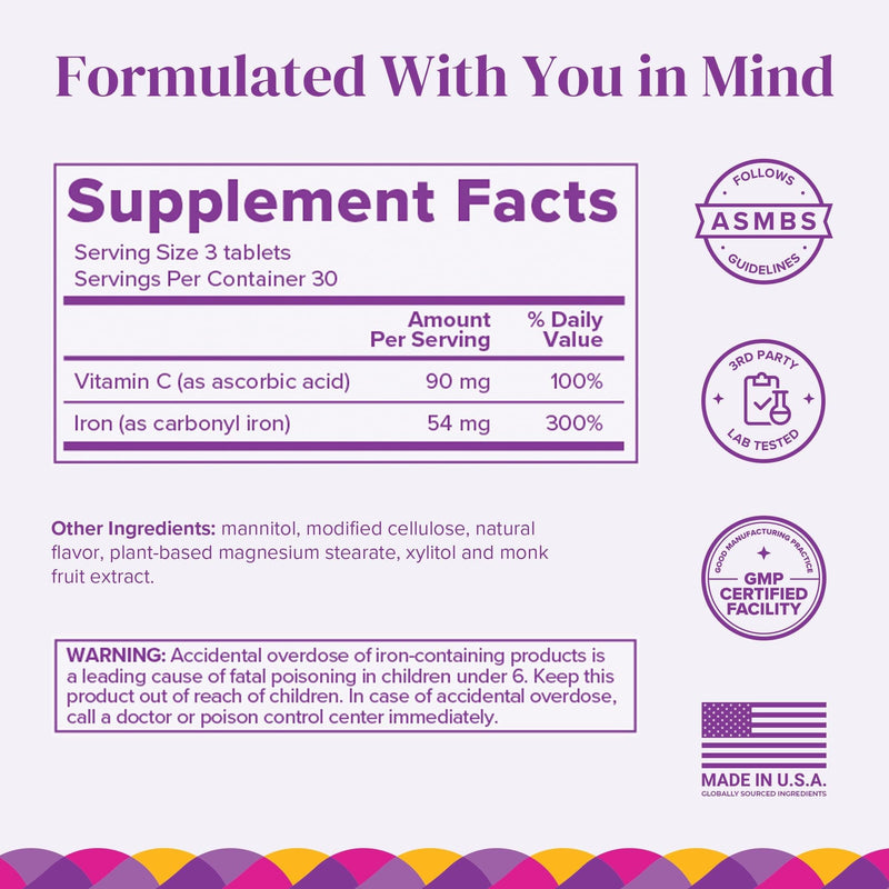 Barimelts Iron with Vitamin C, 270 Fast-Dissolving Tablets (3-Month Supply), Sugar-Free Bariatric Iron Supplement for Women, Natural Orange Flavor 90 Count (Pack of 3)